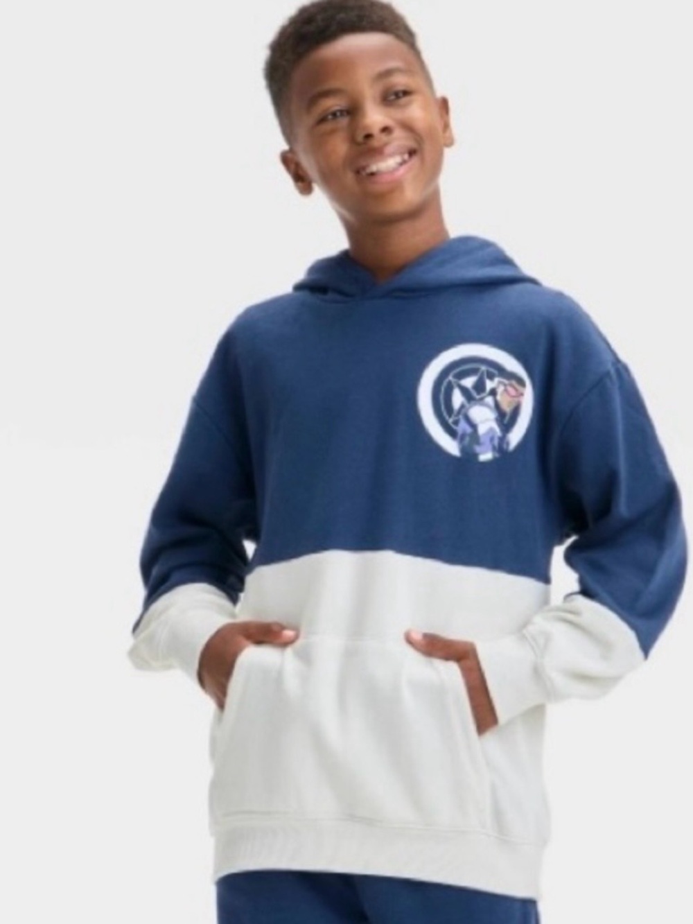 Boys' Captain American Colorblock Hooded Fleece Pullover Sweatshirt Navy Size XL